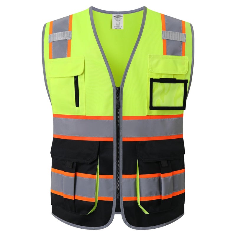 JKSafety سترة أمان عالية الوضوح بجيب 7 مع سحاب أمامي من JKSafety مع شرائط عاكسة. تفي بمعايير ANSI/ISEA (130-أصفر-أسود M) - Image 1